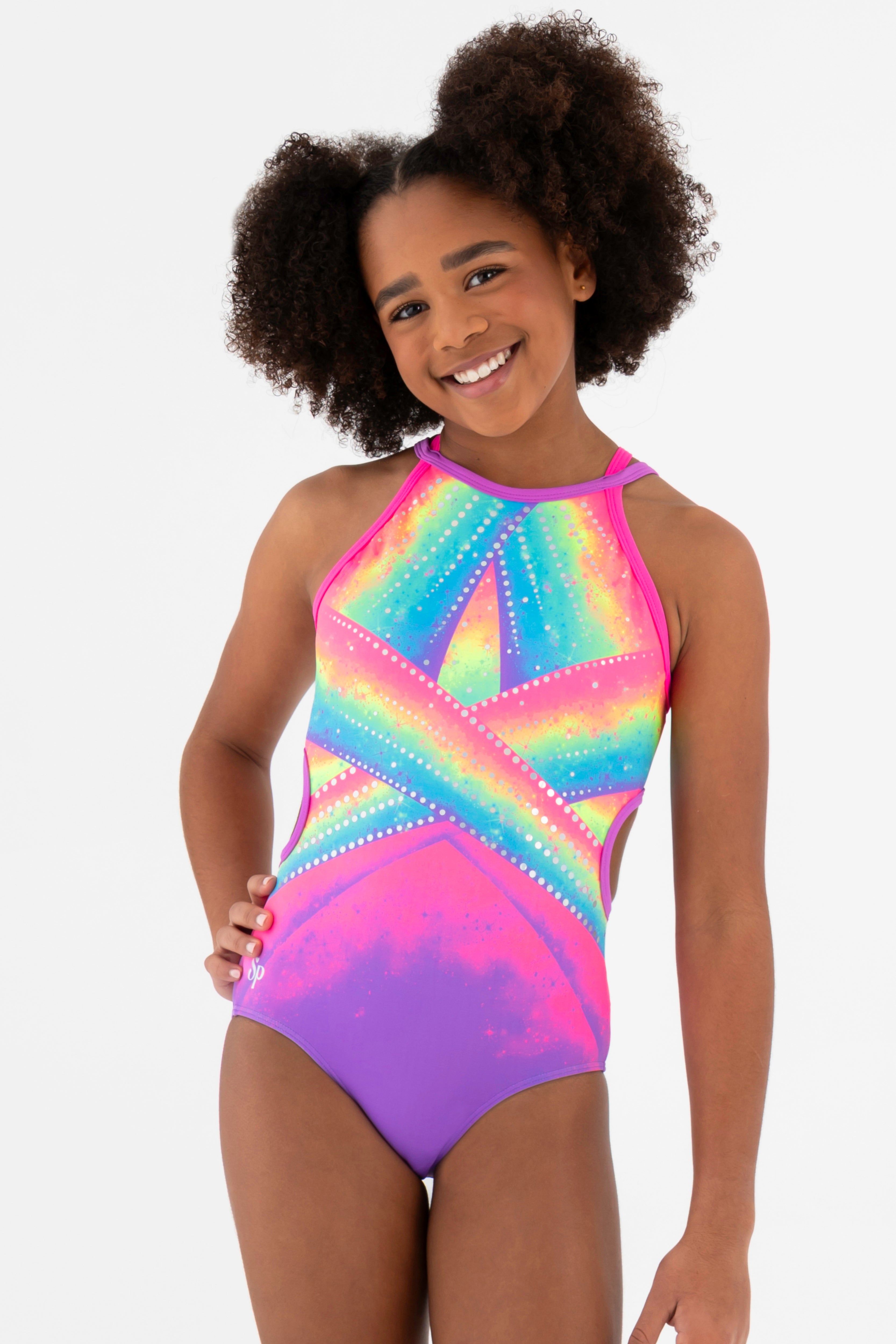 Sylvia P Cindy Rainbow Gymnastics Leotard In Rainbow Print, High Neck and Holographic Sequins, Front Detail View.
