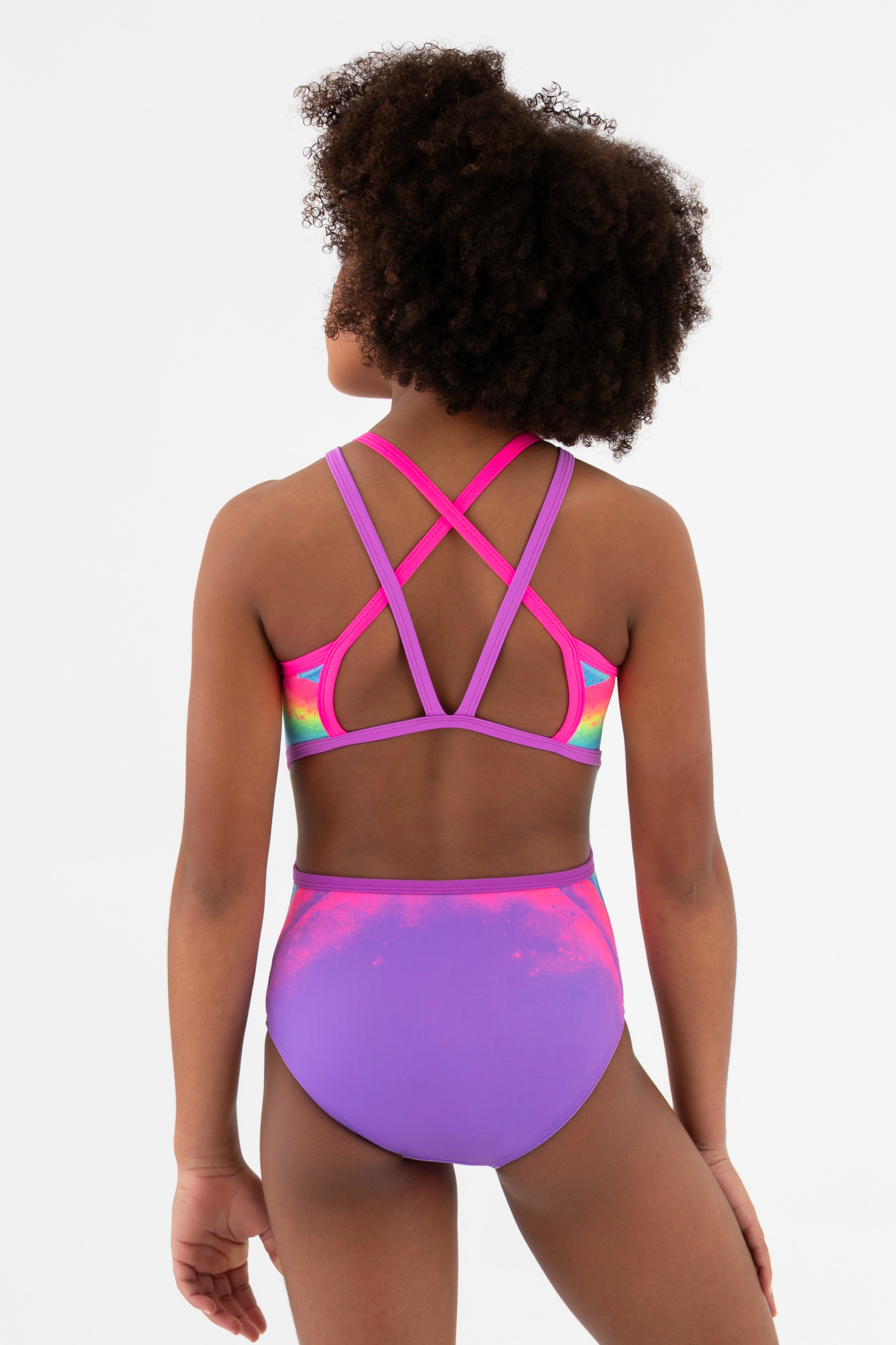 Sylvia P Cindy Rainbow Gymnastics Leotard In Rainbow Print, High Neck and Holographic Sequins, Back Detail View.