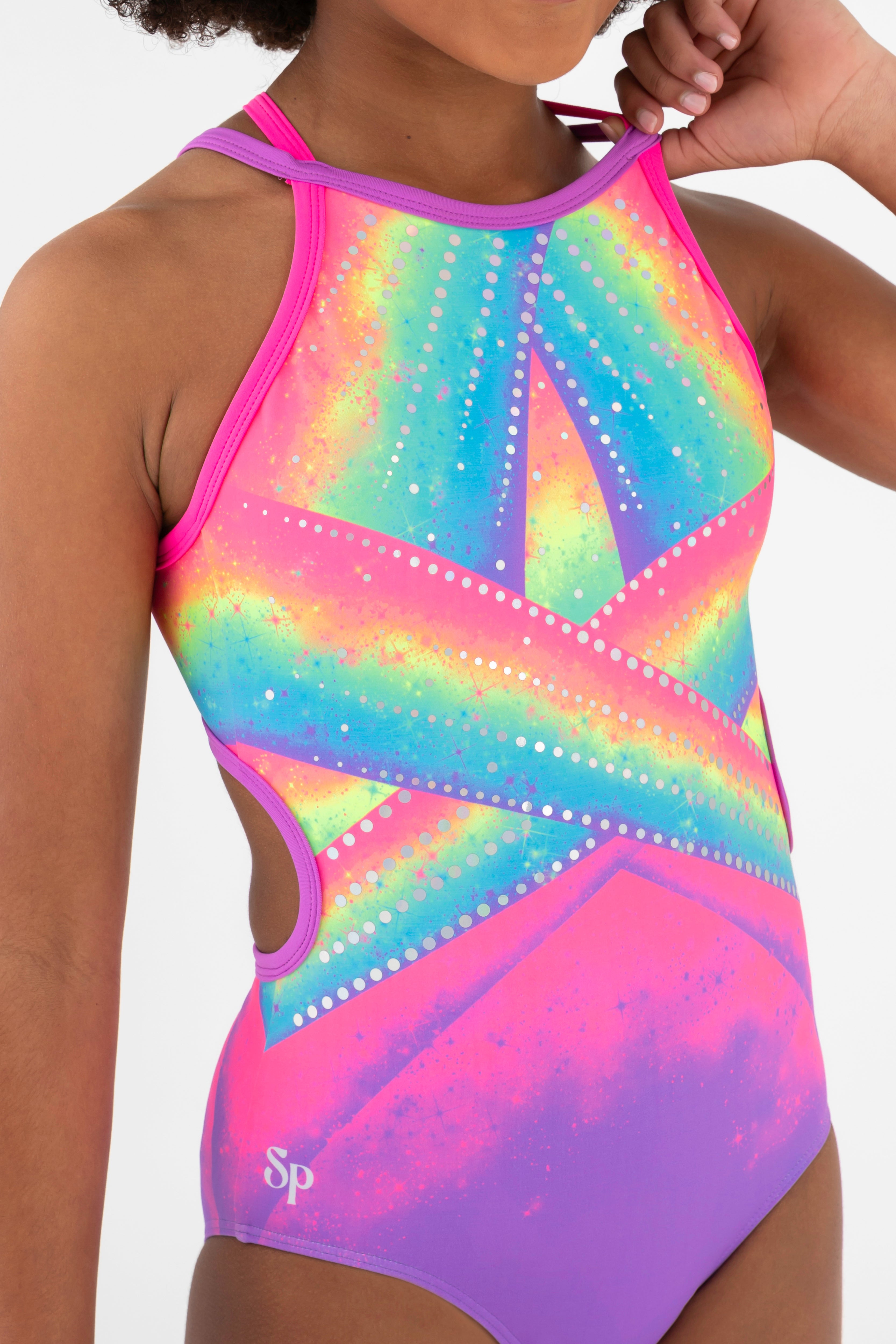 Sylvia P Cindy Rainbow Gymnastics Leotard In Rainbow Print, High Neck and Holographic Sequins, Close Up.