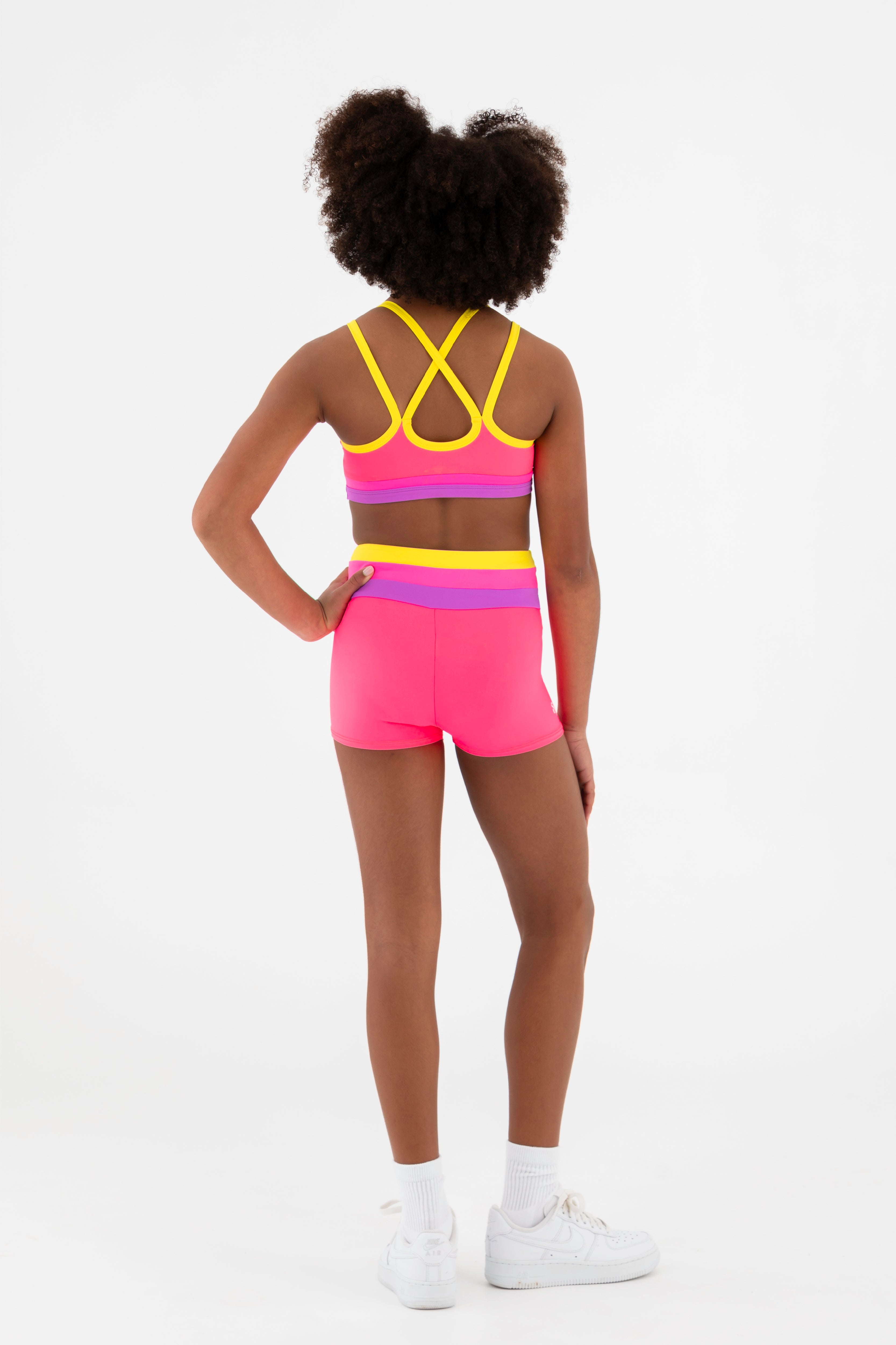 Sylvia P Sugar Gymnastics Short In Pink, High Waist Wide Waistband, Back View.