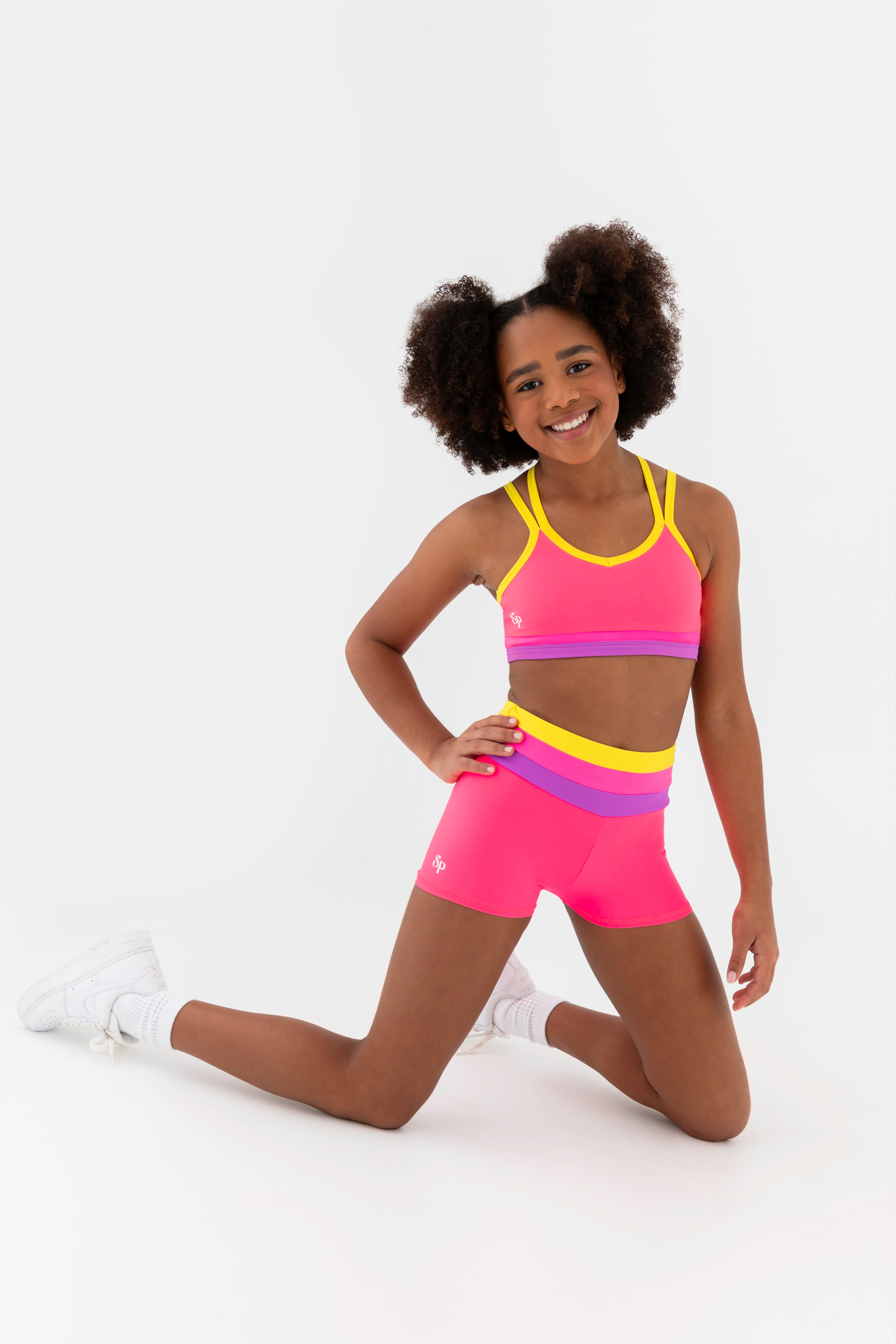 Sylvia P Sugar Gymnastics Short In Pink, High Waist Wide Waistband, Front Detail View.