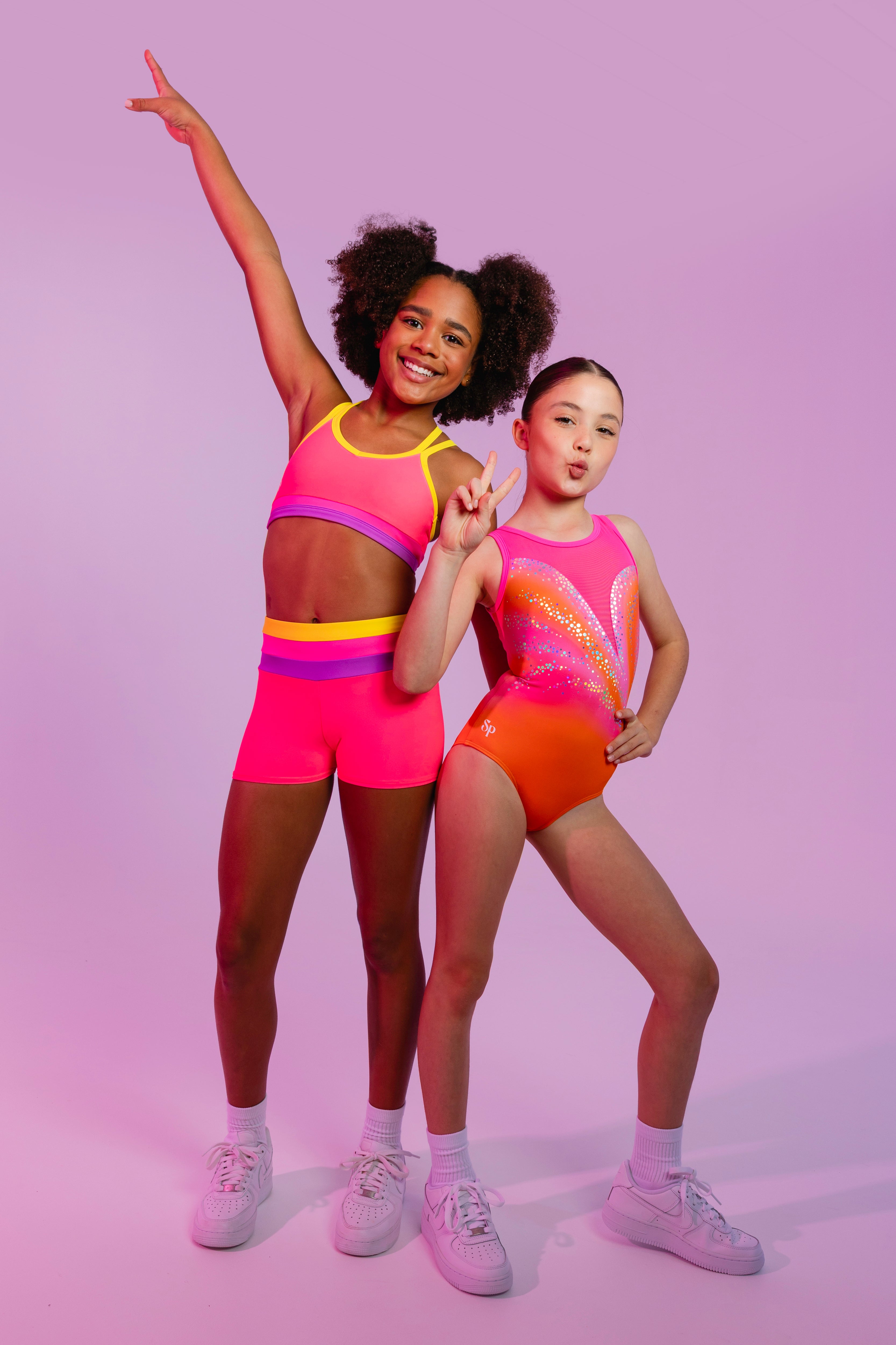 Sylvia P Sugar Gymnastics Short In Pink, High Waist Wide Waistband, Group Shot.