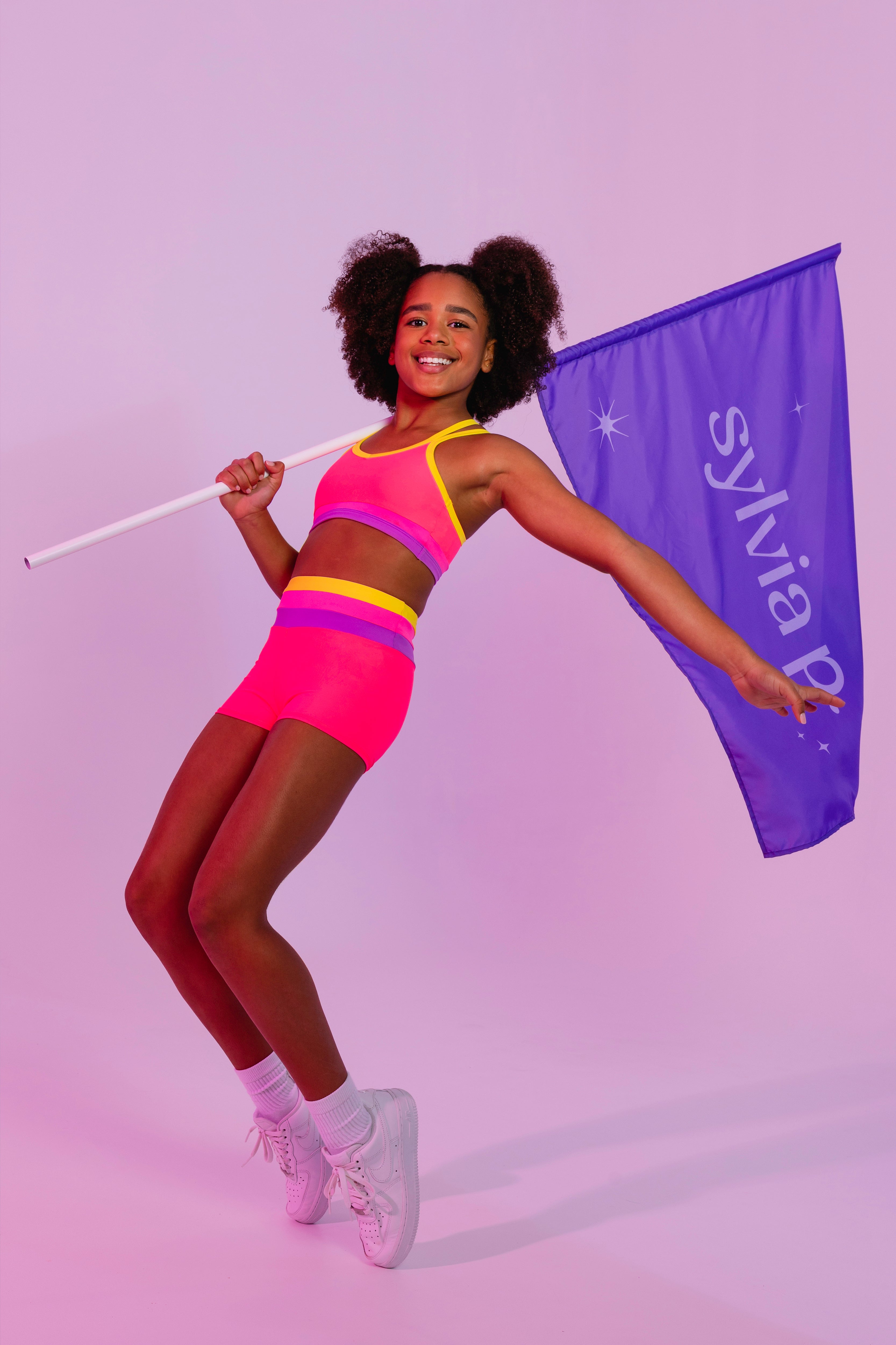 Sylvia P Sugar Gymnastics Short In Pink, High Waist Wide Waistband, Side View.