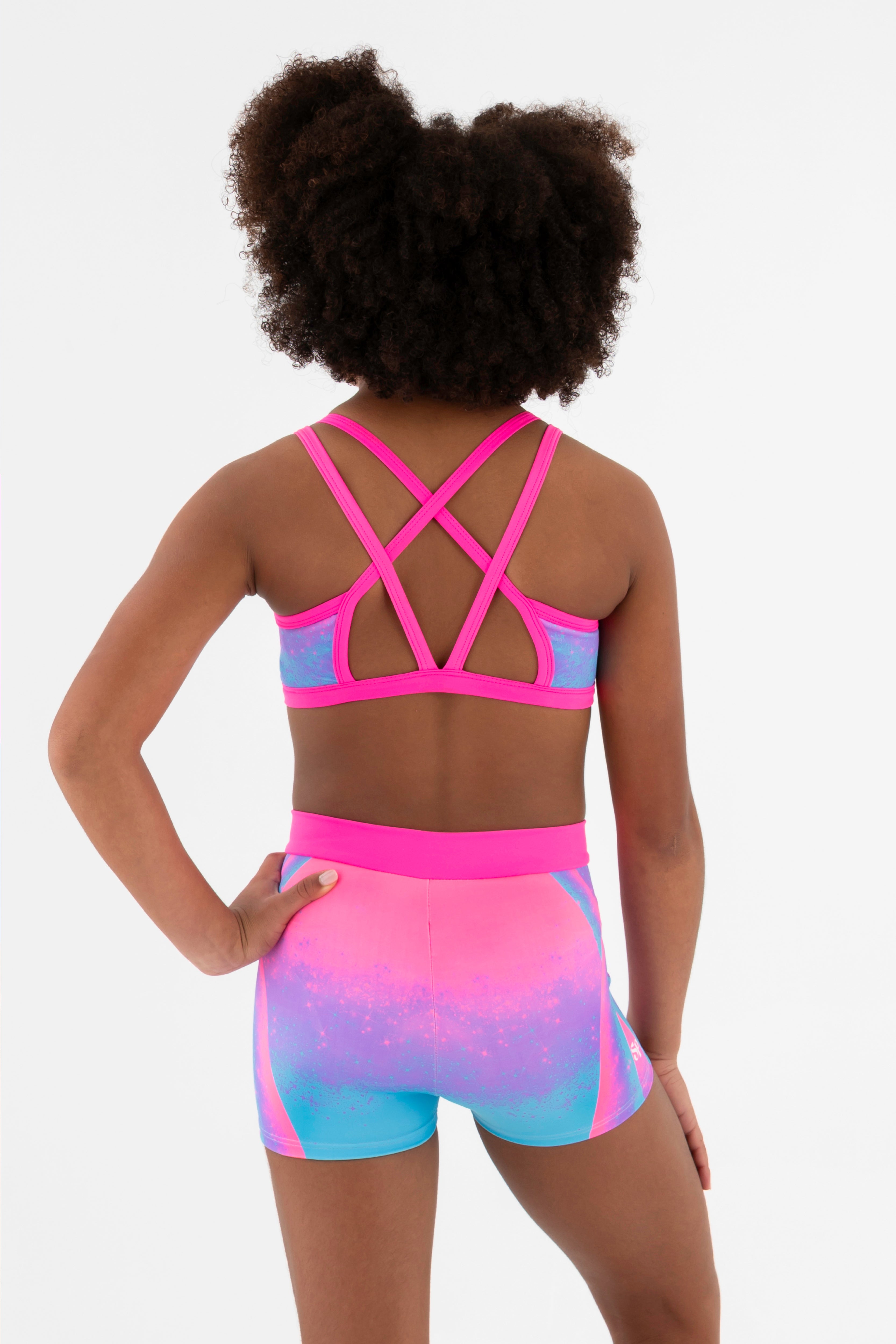 Sylvia P Cindy Rainbow Gymnastics Crop Top In Rainbow Print, Scoop Neckline and Criss Cross Straps, Back Detail View.