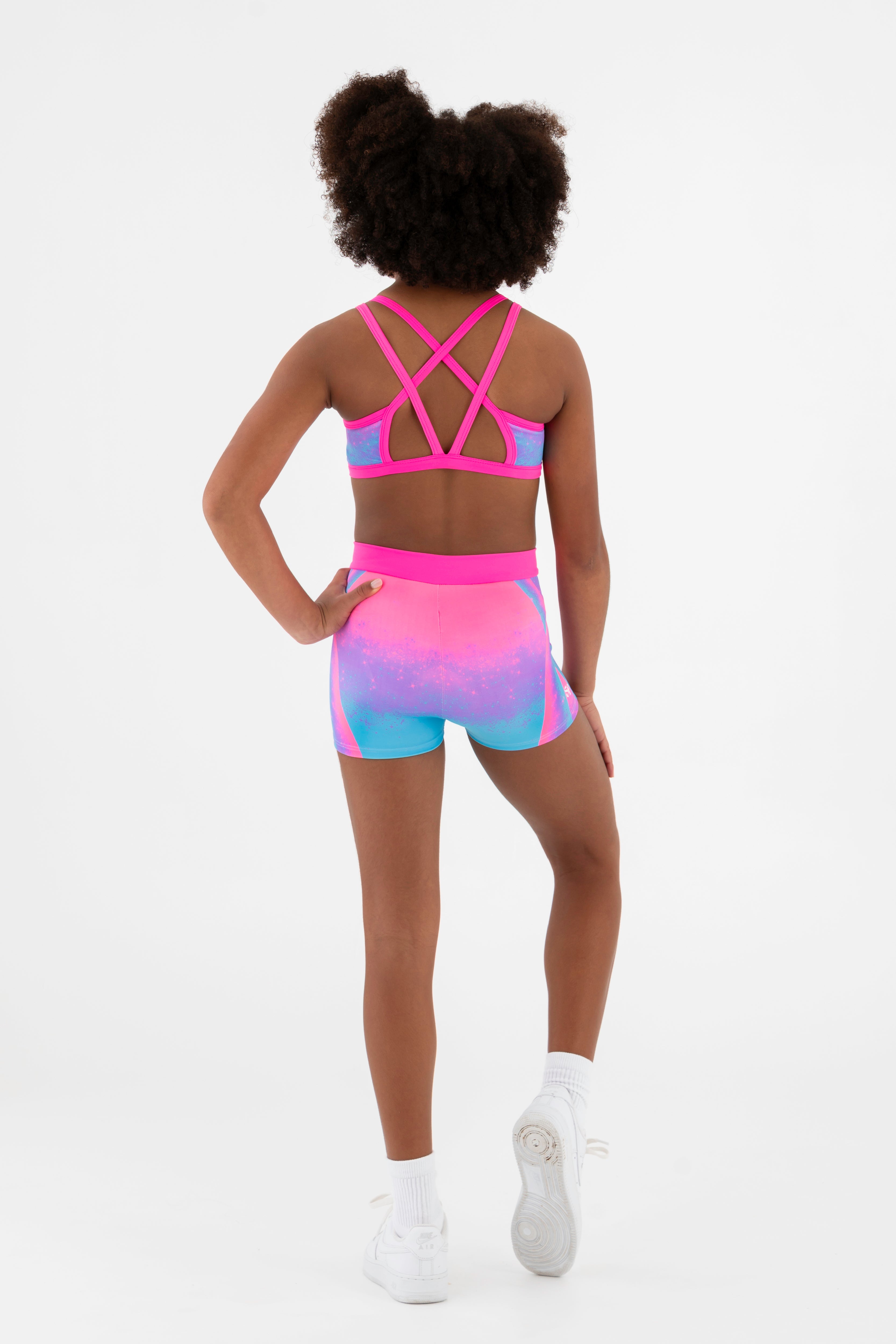 Sylvia P Cindy Rainbow Gymnastics Short In Rainbow Print, Crossover Mid-Rise Waistband, Back View.