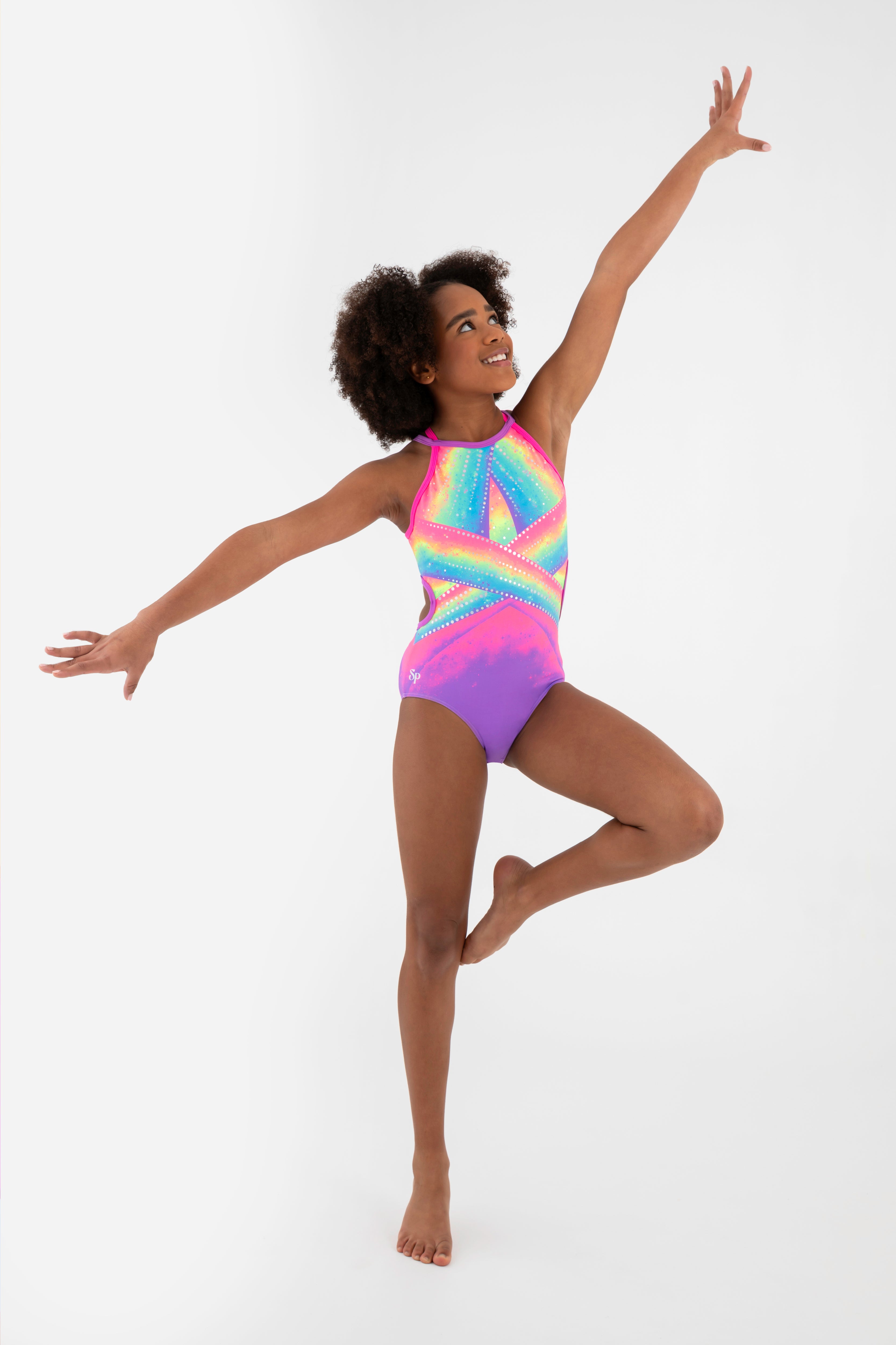 Sylvia P Cindy Rainbow Gymnastics Leotard In Rainbow Print, High Neck and Holographic Sequins, Double Shot.