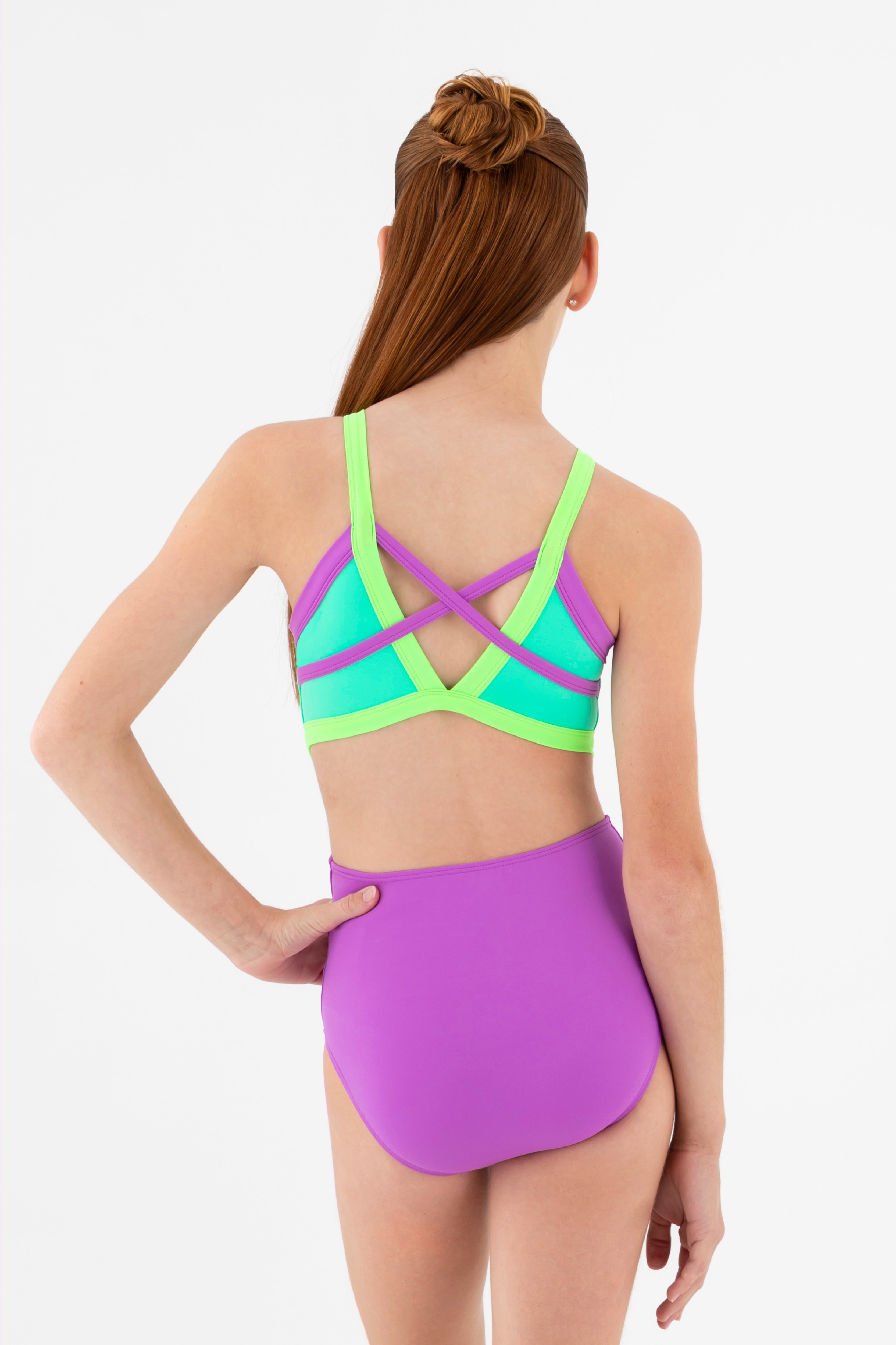 Sylvia P Jellybean Gymnastics Leotard In Green & Purple, High Halter Neck, Back View.
