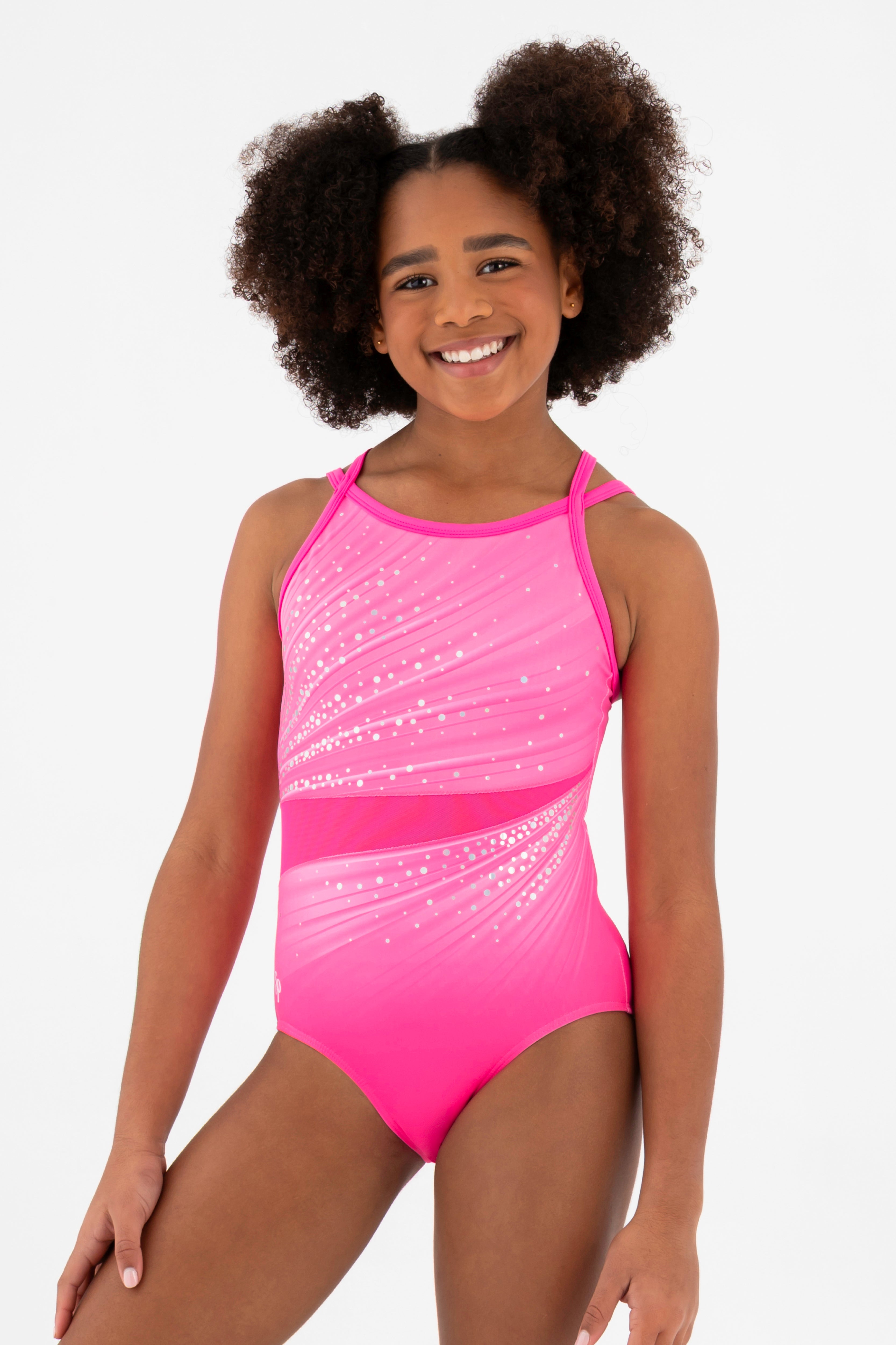 Sylvia P Meringue Kisses Gymnastics Leotard In Neon Pink, Scoop Neckline with Wide Straps, Front Detail View.