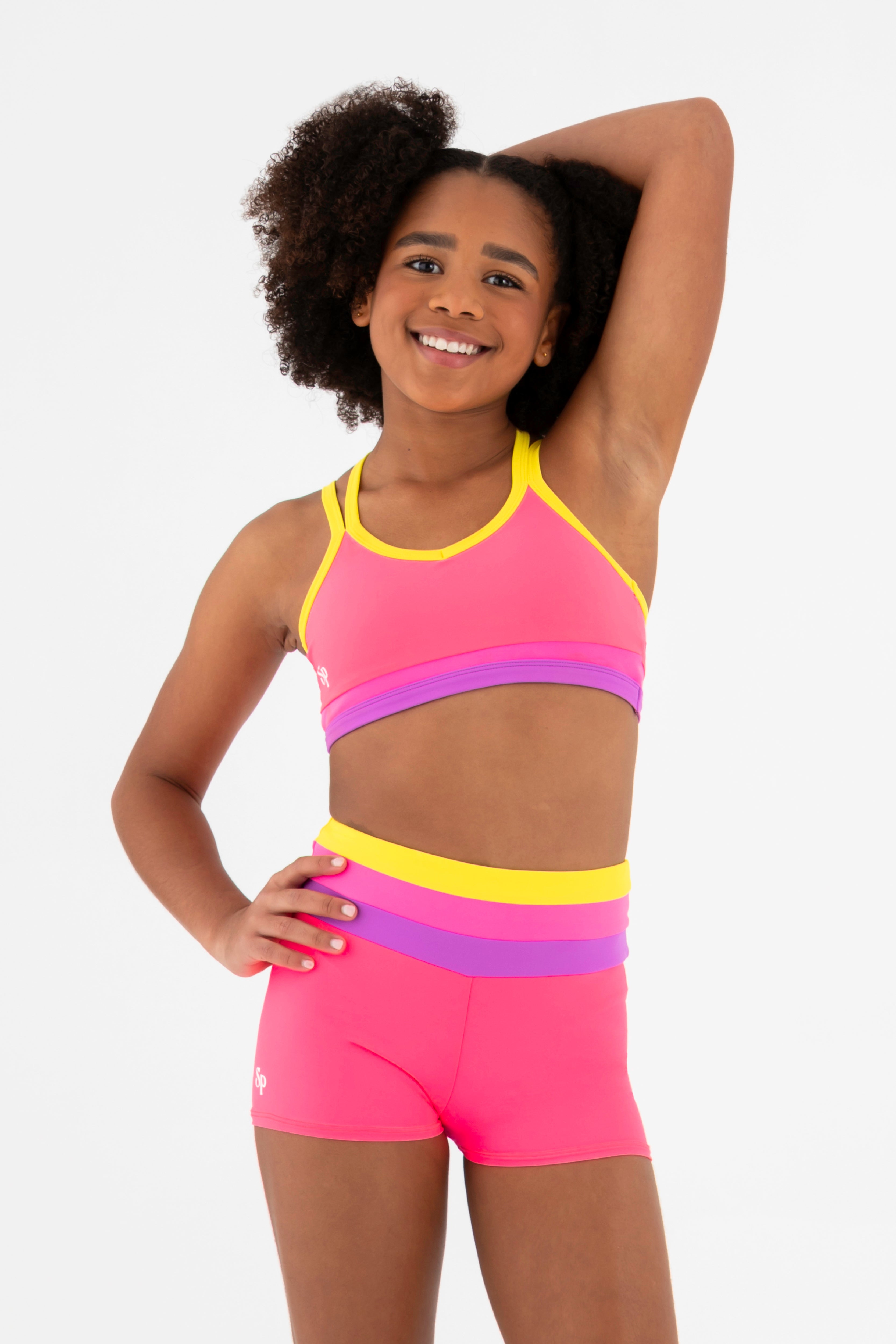 Sylvia P Sugar Gymnastics Crop Top In Pink, Scoop Neckline and Criss Cross Straps, Front Detail View.