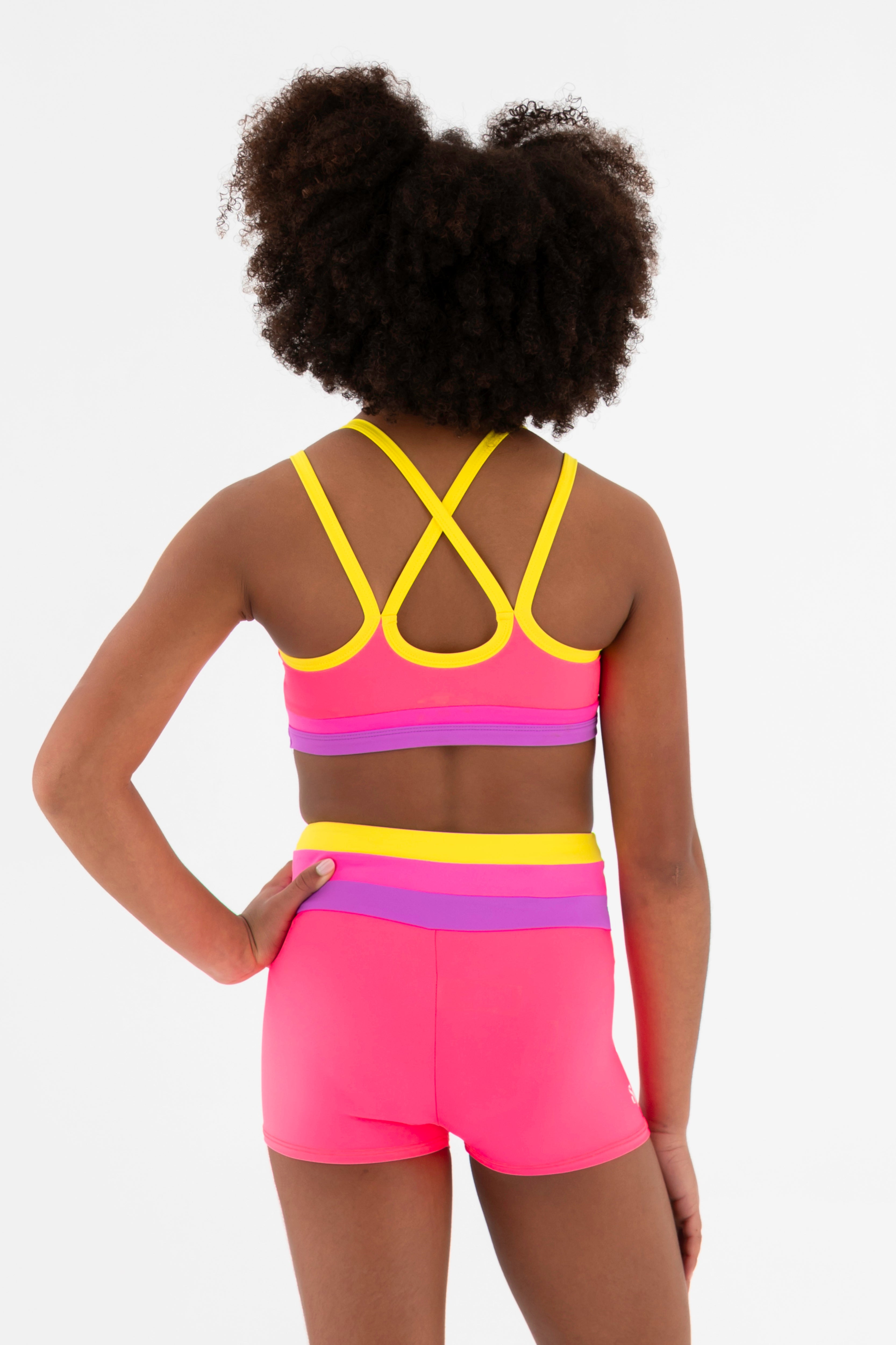 Sylvia P Sugar Gymnastics Crop Top In Pink, Scoop Neckline and Criss Cross Straps, Back View.