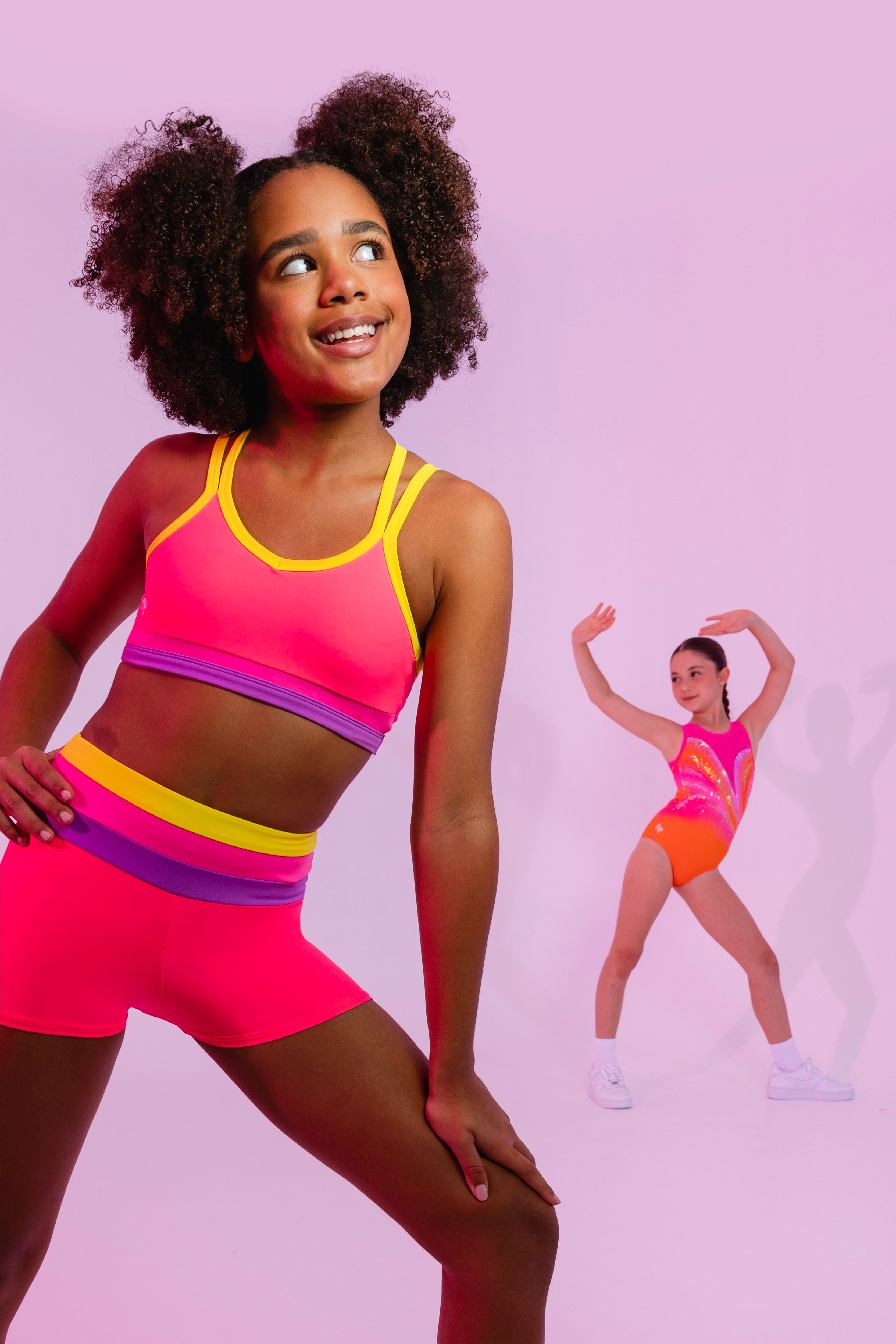 Sylvia P Sugar Gymnastics Crop Top In Pink, Scoop Neckline and Criss Cross Straps, Double Shot.