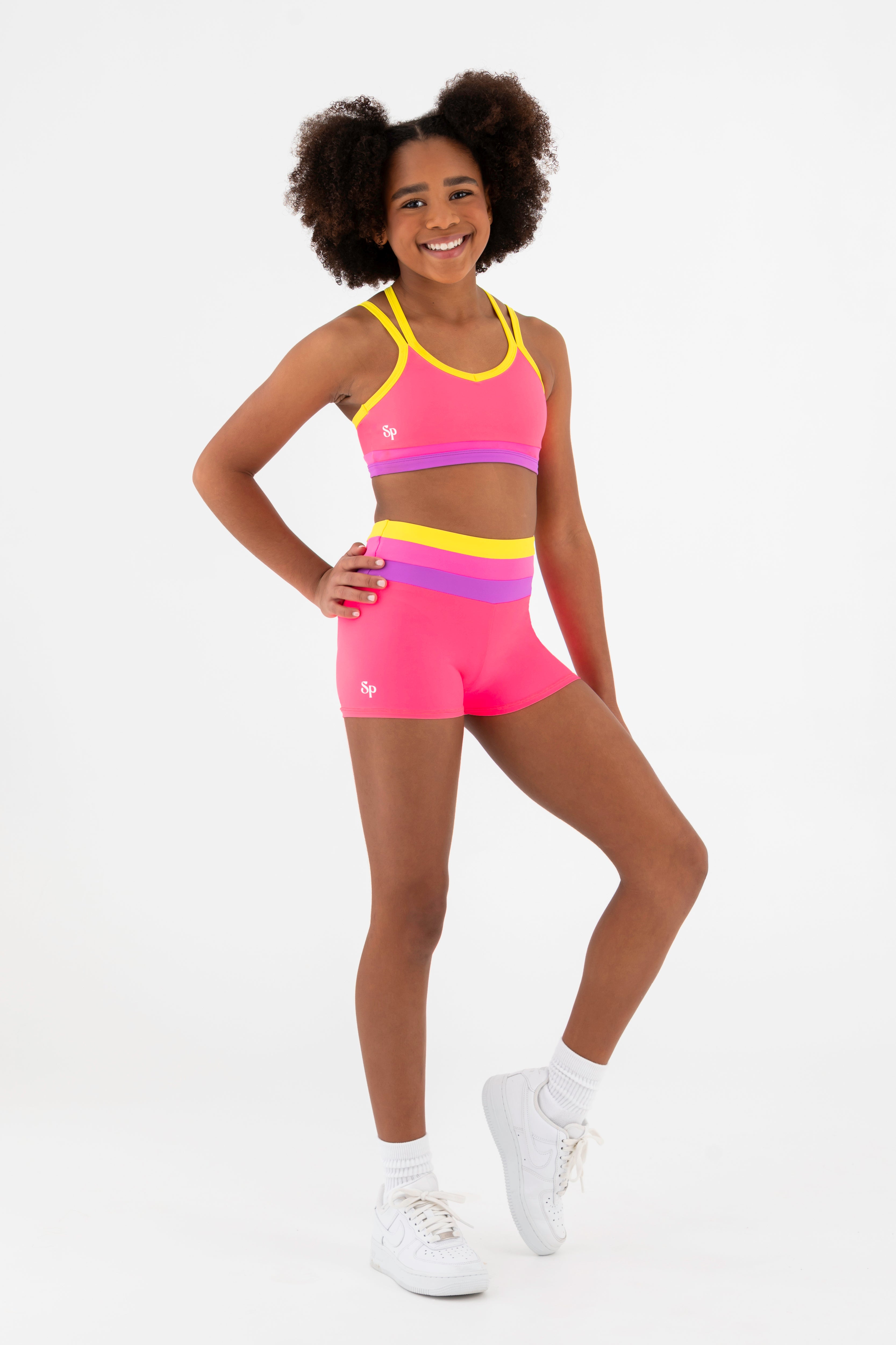 Sylvia P Sugar Gymnastics Short In Pink, High Waist Wide Waistband, Front View.